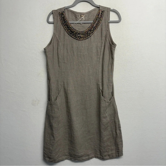 NWT Lina Tomei Gray 100% Linen Sleeveless Dress W/Pockets L Beaded Neck Collar - Picture 1 of 8